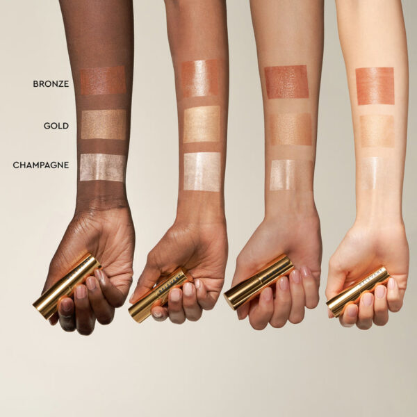 Highlight cheeks, neckline, eyelids, lips for a magical glossy shimmer.